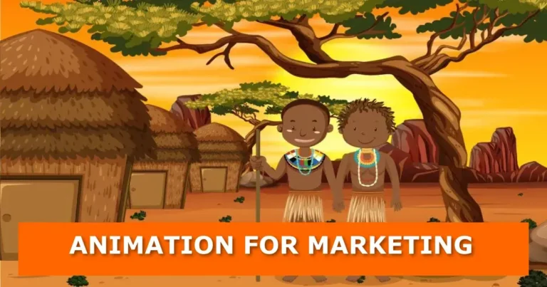 A 2D cartoon render of an African couple standing in front of a hut in a village