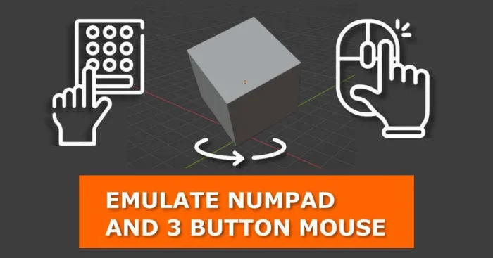 Blog post featured image explaining how to emulate a number pad and 3-button mouse in Blender. The image shows keyboard and mouse icons with the title "EMULATE NUMPAD AND 3 BUTTON MOUSE" at the bottom.