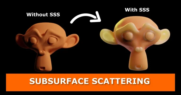 Featured image for a blog post discussing Subsurface Scattering in Blender. The image depicts Blender's Suzanne monkey without Subsurface Scattering on the left and with Subsurface Scattering on the right. The title "SUBSURFACE SCATTERING" is displayed at the bottom.