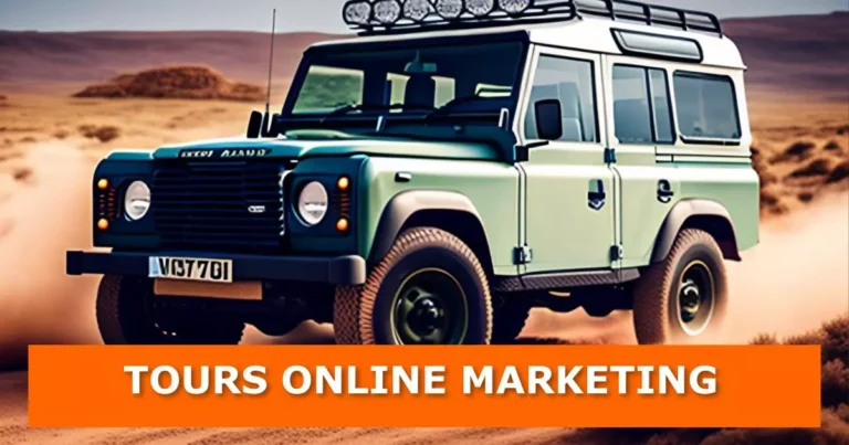 Featured image for a blog post discussing online marketing tips for tour and travel companies. The image features a Land Rover SUV, with the title "TOURS ONLINE MARKETING" displayed at the bottom.