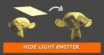 Featured image for a blog post showing two versions of Blender's Suzanne the monkey. In the left of this image, a smaller head has a visible light source, while the larger head on the right conceals the light source. The title "HIDE LIGHT EMITTER" is shown at the bottom.