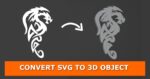 The image shows a side-by-side comparison of a white, stylized dragon design as a 2D SVG file on the left and the same design as a 3D object on the right. There is a curved arrow pointing from the 2D design to the 3D object. The background is dark grey, and at the bottom, there is an orange banner with white text that reads: "CONVERT SVG TO 3D OBJECT".