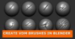 An illustration showing eight spheres with various sculpted cuts and gashes, demonstrating the use of VDM brushes in Blender. Below the spheres, a text banner reads 'CREATE VDM BRUSHES IN BLENDER' on an orange background.