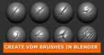 An illustration showing eight spheres with various sculpted cuts and gashes, demonstrating the use of VDM brushes in Blender. Below the spheres, a text banner reads 'CREATE VDM BRUSHES IN BLENDER' on an orange background.