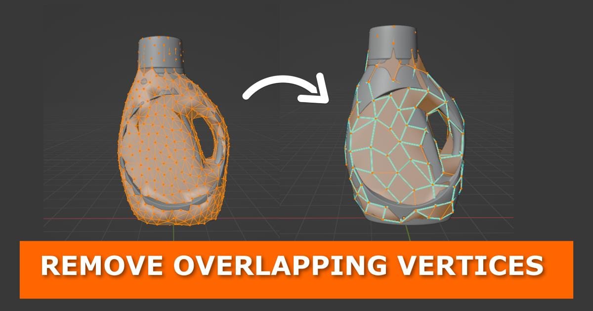 A featured image for a Blender tutorial titled "How to Remove Double and Overlapping Vertices in Blender." The image shows a 3D model of a detergent bottle with two versions side by side. The left version highlights dense, overlapping vertices, while the right version displays a cleaner, simplified mesh. An arrow between the two indicates the improvement process. Below the image is the text "REMOVE OVERLAPPING VERTICES" in bold white letters on an orange background.