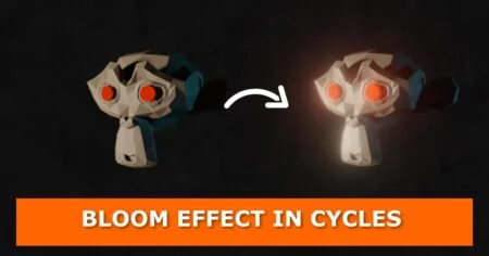 Blog Two heads of suzanne the monkey that have red eyes. The eyes on head on the right have glowing/blooming effect. At the bottom of this image are the text 'bloom effect in cycles'.