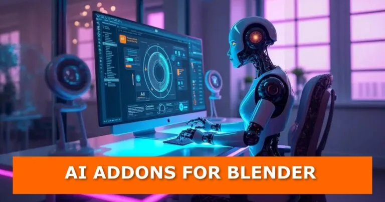 A futuristic workspace with a humanoid AI robot sitting at a desk, working on a high-tech computer displaying Blender software with AI-generated 3D models and textures. The scene has a sleek, cyberpunk aesthetic with glowing neon lights in blue and purple hues. The computer screen should showcase an AI-powered interface related to Blender. The background features a modern studio environment with creative tools and futuristic elements.