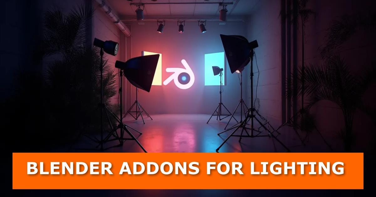 A dimly lit studio setup features multiple professional lighting stands and softboxes, casting a blend of warm and cool lighting. The Blender logo is illuminated on the background wall between two glowing panels, one red and one blue. An orange banner at the bottom displays bold white text: "BLENDER ADDONS FOR LIGHTING."