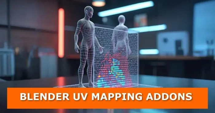 A futuristic 3D-rendered scene features a wireframe humanoid figure standing next to a transparent screen displaying a digital UV map with colorful pixelated data. A blurred high-tech workspace with neon lights is visible in the background. An orange banner at the bottom contains bold white text: "BLENDER UV MAPPING ADDONS."
