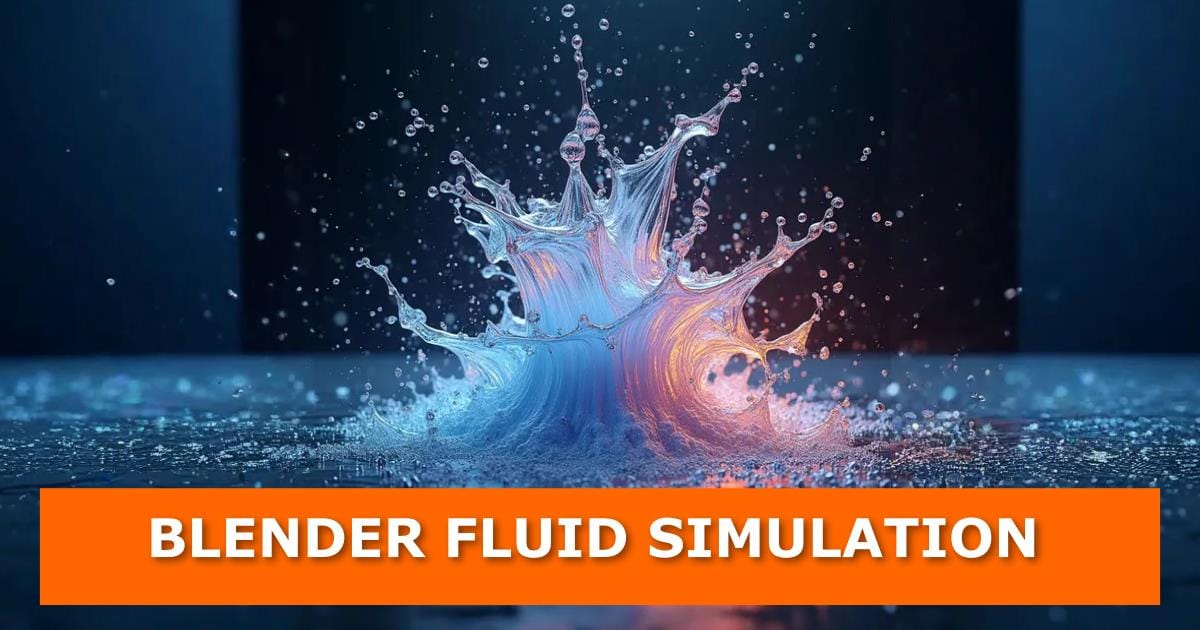 A highly detailed 3D-rendered splash of fluid bursts upwards, with water droplets suspended in midair. The scene is illuminated with cool blue and warm orange lighting, creating a visually striking effect. The background is dark and blurred, emphasizing the fluid simulation. An orange banner at the bottom contains bold white text: "BLENDER FLUID SIMULATION."