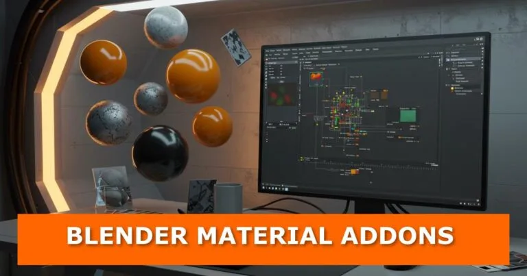 A futuristic workspace features a computer monitor displaying Blender’s node-based material editor with a complex shader graph. In the foreground, several floating spheres showcase different materials, including glossy orange, metallic black, and weathered stone textures. The room has a sci-fi aesthetic with angular lighting panels and a sleek modern desk. An orange banner at the bottom displays bold white text: "BLENDER MATERIAL ADDONS."