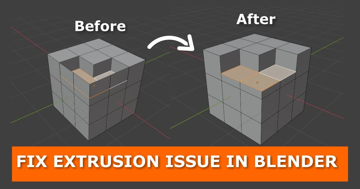 A split-screen Blender viewport showing a subdivided cube with a problematic extrusion on the left under the label “Before,” and a clean, correct extrusion on the right under “After,” connected by a white curved arrow. In the “Before” view, only one face of the 3×3 top grid is sunken inward, leaving an uneven hole. In the “After” view, two adjacent faces are uniformly extruded inward, producing a neat recessed area. An orange banner at the bottom reads “FIX EXTRUSION ISSUE IN BLENDER.”