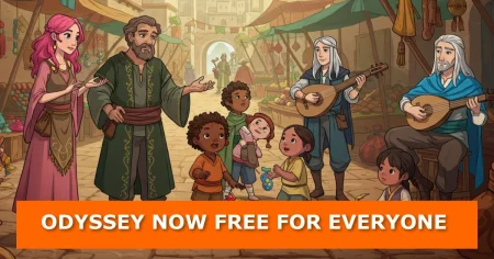 A vibrant illustration of a bustling medieval marketplace with diverse characters, including a woman with pink hair, a bearded man in a green robe, and children playing, while two musicians with white hair play lutes. An orange banner at the bottom reads "ODYSSEY NOW FREE FOR EVERYONE."