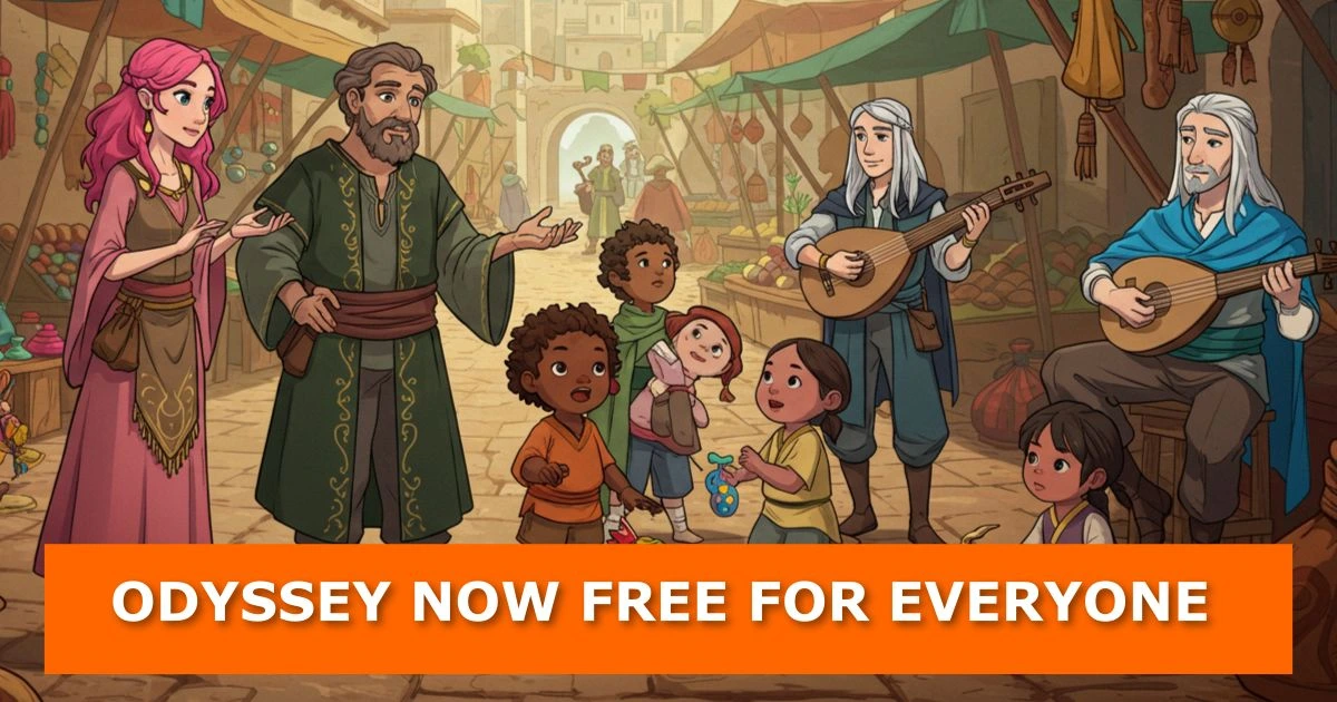 A vibrant illustration of a bustling medieval marketplace with diverse characters, including a woman with pink hair, a bearded man in a green robe, and children playing, while two musicians with white hair play lutes. An orange banner at the bottom reads "ODYSSEY NOW FREE FOR EVERYONE."