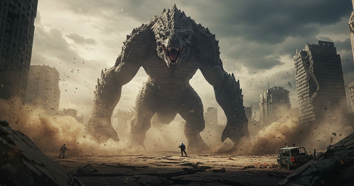 A massive, roaring monster resembling Godzilla towers over a destroyed city, surrounded by crumbling skyscrapers, dust, and debris. Tiny human figures and vehicles in the foreground emphasize the creature’s immense scale.