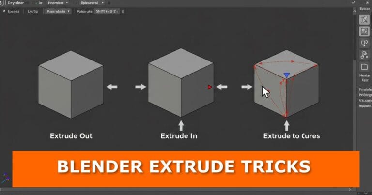 A Blender interface screenshot showing three cubes demonstrating different extrusion techniques: Extrude Out, Extrude In, and Extrude to Curves with arrows and selection highlights. At the bottom, an orange banner with bold white text reads: “BLENDER EXTRUDE TRICKS.” This is the featured image for a blog post about Blender extrude tricks you didn’t know but should.