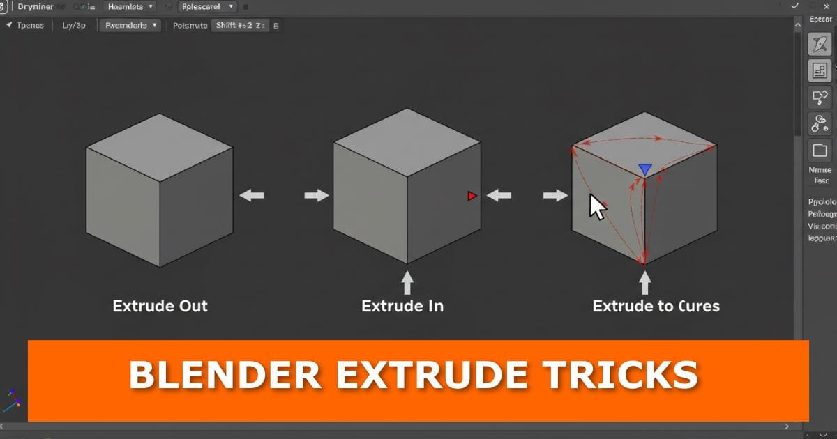A Blender interface screenshot showing three cubes demonstrating different extrusion techniques: Extrude Out, Extrude In, and Extrude to Curves with arrows and selection highlights. At the bottom, an orange banner with bold white text reads: “BLENDER EXTRUDE TRICKS.” This is the featured image for a blog post about Blender extrude tricks you didn’t know but should.