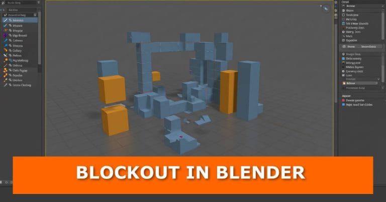 A Blender workspace showing a 3D blockout scene made of simple blue and orange cubes and rectangular shapes arranged in a rough layout for modeling or level design. An orange banner at the bottom displays bold white text: “BLOCKOUT IN BLENDER.” This is the featured image for a blog post about how to blockout in Blender.