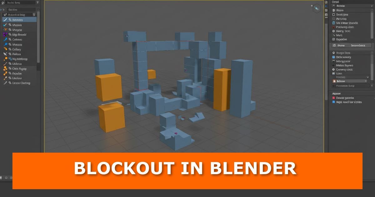 A Blender workspace showing a 3D blockout scene made of simple blue and orange cubes and rectangular shapes arranged in a rough layout for modeling or level design. An orange banner at the bottom displays bold white text: “BLOCKOUT IN BLENDER.” This is the featured image for a blog post about how to blockout in Blender.