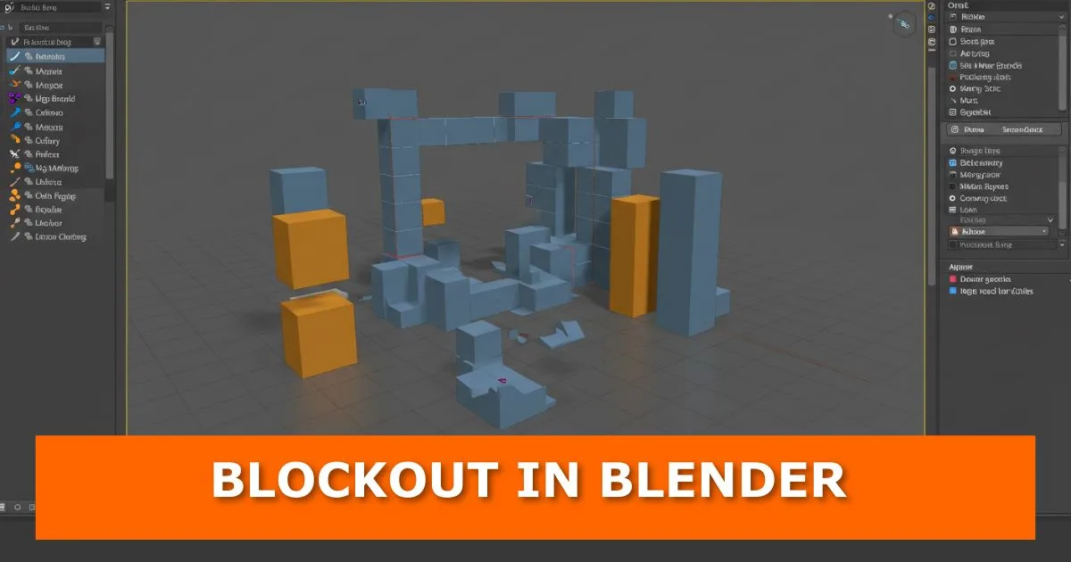 A Blender workspace showing a 3D blockout scene made of simple blue and orange cubes and rectangular shapes arranged in a rough layout for modeling or level design. An orange banner at the bottom displays bold white text: “BLOCKOUT IN BLENDER.” This is the featured image for a blog post about how to blockout in Blender.