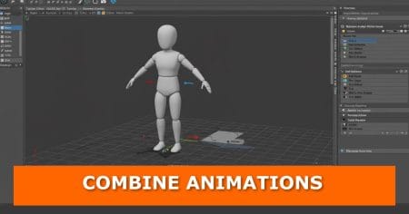 A blender viewport showing a gray mannequin-like 3d character in a t-pose with movement arrows around it, representing animation controls. The interface panels of blender are visible on the sides. At the bottom, an orange banner with bold white text reads: “combine animations.
