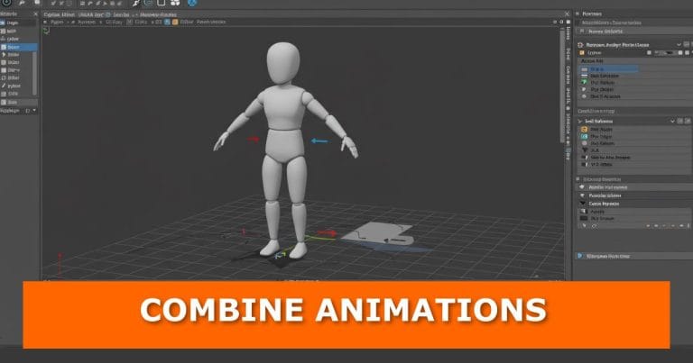 A Blender viewport showing a gray mannequin-like 3D character in a T-pose with movement arrows around it, representing animation controls. The interface panels of Blender are visible on the sides. At the bottom, an orange banner with bold white text reads: “COMBINE ANIMATIONS.