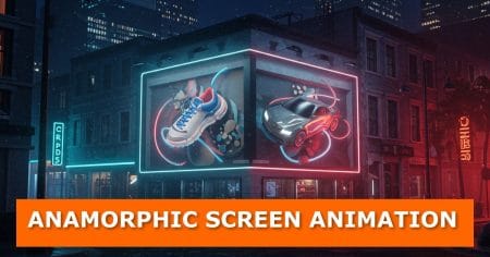 Gachoki Studios | Animation, Visual Effects &Amp; Web Design A nighttime city street with a building corner displaying a large l-shaped led billboard. The left screen shows a sneaker and the right screen shows a car, both appearing to extend out of the display in a 3d anamorphic effect. Neon blue and pink lights outline the screens, adding a futuristic look. At the bottom of the image, an orange banner with bold white text reads: “anamorphic screen animation. ”