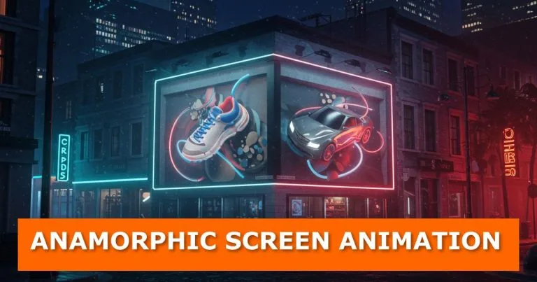 A nighttime city street with a building corner displaying a large L-shaped LED billboard. The left screen shows a sneaker and the right screen shows a car, both appearing to extend out of the display in a 3D anamorphic effect. Neon blue and pink lights outline the screens, adding a futuristic look. At the bottom of the image, an orange banner with bold white text reads: “ANAMORPHIC SCREEN ANIMATION.”