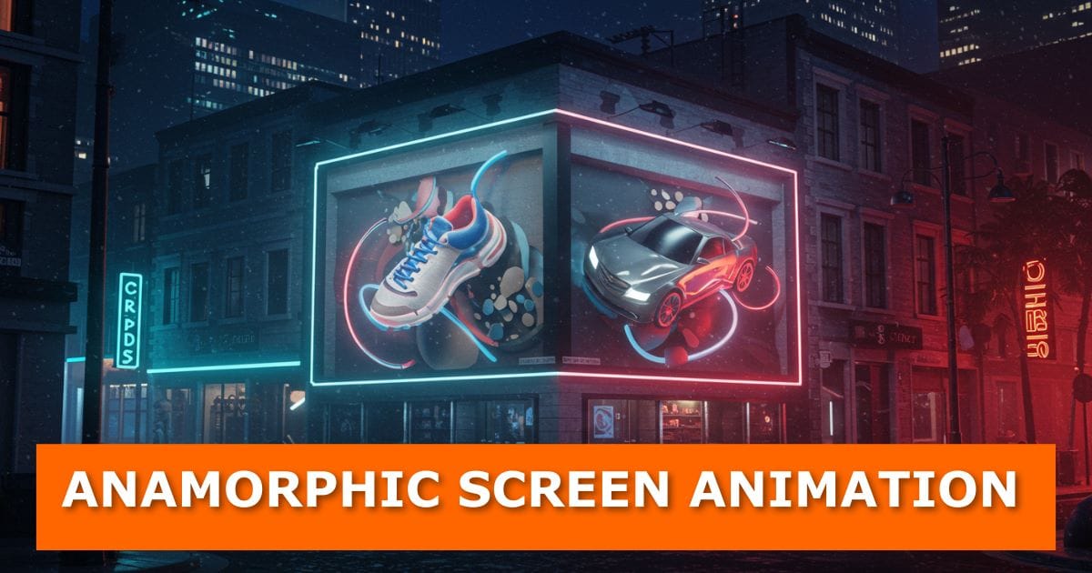 A nighttime city street with a building corner displaying a large L-shaped LED billboard. The left screen shows a sneaker and the right screen shows a car, both appearing to extend out of the display in a 3D anamorphic effect. Neon blue and pink lights outline the screens, adding a futuristic look. At the bottom of the image, an orange banner with bold white text reads: “ANAMORPHIC SCREEN ANIMATION.”