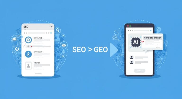 Illustration showing the evolution from SEO to GEO (Generative Engine Optimization) with two devices - a tablet displaying traditional SEO elements like keywords, backlinks, and source optimization on the left, and a smartphone showing an AI-powered search interface with conversational answers on the right, connected by an arrow indicating the transition to AI search technology.
