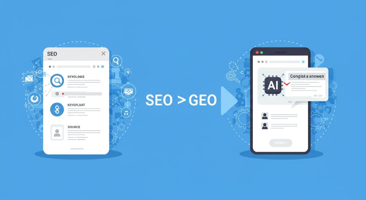 Illustration showing the evolution from SEO to GEO (Generative Engine Optimization) with two devices - a tablet displaying traditional SEO elements like keywords, backlinks, and source optimization on the left, and a smartphone showing an AI-powered search interface with conversational answers on the right, connected by an arrow indicating the transition to AI search technology.