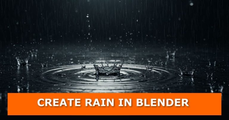 Realistic 3D render of raindrops falling and splashing on a dark water surface in Blender, with ripples and droplets frozen in motion. An orange banner at the bottom displays bold white text: “CREATE RAIN IN BLENDER.”