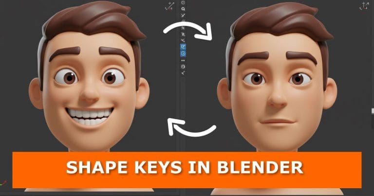 Side-by-side comparison of a 3D cartoon male character in Blender showing two facial expressions — a wide smile with raised eyebrows on the left and a neutral face on the right — connected with curved white arrows. An orange banner at the bottom displays bold white text: “SHAPE KEYS IN BLENDER.”