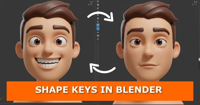 Side-by-side comparison of a 3D cartoon male character in Blender showing two facial expressions — a wide smile with raised eyebrows on the left and a neutral face on the right — connected with curved white arrows. An orange banner at the bottom displays bold white text: “SHAPE KEYS IN BLENDER.”