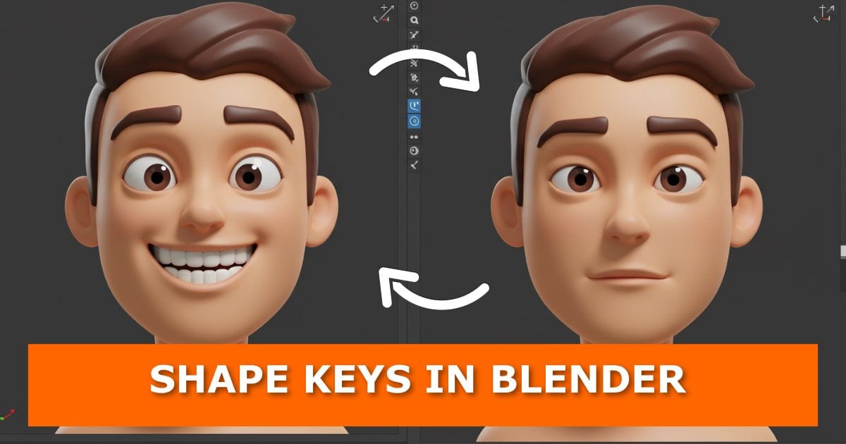 Side-by-side comparison of a 3D cartoon male character in Blender showing two facial expressions — a wide smile with raised eyebrows on the left and a neutral face on the right — connected with curved white arrows. An orange banner at the bottom displays bold white text: “SHAPE KEYS IN BLENDER.”