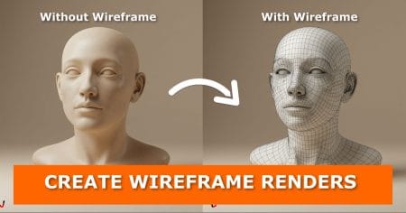 Side-by-side 3d render of a human head bust. The left side shows a smooth model labeled “without wireframe”, and the right side shows the same model with visible mesh lines labeled “with wireframe”. A curved white arrow points from left to right. At the bottom, an orange banner with bold white text reads: “create wireframe renders. ”