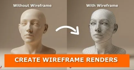 Side-by-side 3D render of a human head bust. The left side shows a smooth model labeled “Without Wireframe”, and the right side shows the same model with visible mesh lines labeled “With Wireframe”. A curved white arrow points from left to right. At the bottom, an orange banner with bold white text reads: “CREATE WIREFRAME RENDERS.”
