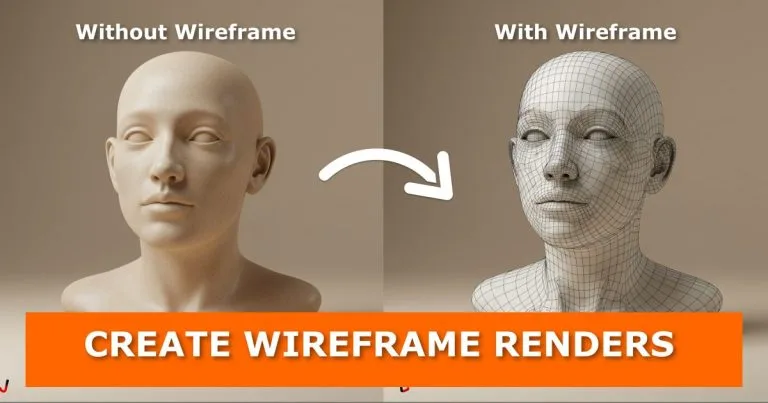Side-by-side 3D render of a human head bust. The left side shows a smooth model labeled “Without Wireframe”, and the right side shows the same model with visible mesh lines labeled “With Wireframe”. A curved white arrow points from left to right. At the bottom, an orange banner with bold white text reads: “CREATE WIREFRAME RENDERS.”