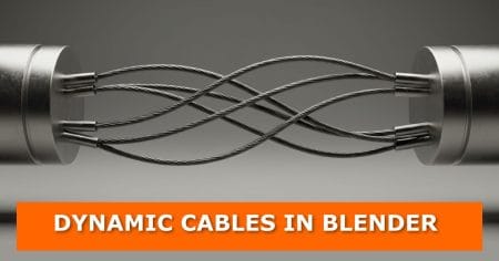 Gachoki Studios | Animation, Visual Effects &Amp; Web Design 3d render of metallic cables dynamically twisting and connecting between two cylindrical metal objects in blender. At the bottom, an orange banner with bold white text reads: “dynamic cables in blender. ”