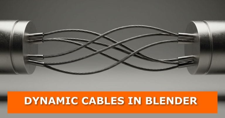 3D render of metallic cables dynamically twisting and connecting between two cylindrical metal objects in Blender. At the bottom, an orange banner with bold white text reads: “DYNAMIC CABLES IN BLENDER.”