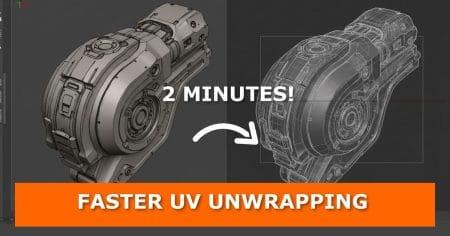Side-by-side view of a complex mechanical 3d model in blender, shown in shaded mode on the left and wireframe mode on the right. In the center, bold white text reads “2 minutes! ” with a curved arrow pointing from left to right. At the bottom, an orange banner with bold white text says: “faster uv unwrapping. ”