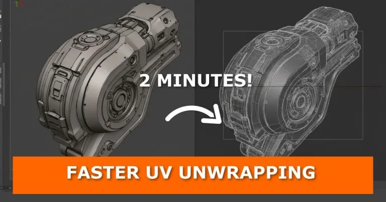 Side-by-side view of a complex mechanical 3D model in Blender, shown in shaded mode on the left and wireframe mode on the right. In the center, bold white text reads “2 MINUTES!” with a curved arrow pointing from left to right. At the bottom, an orange banner with bold white text says: “FASTER UV UNWRAPPING.”