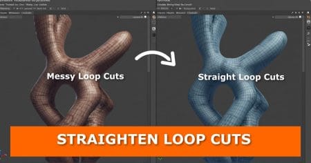 Side-by-side comparison of a 3d mesh in blender showing the difference between “messy loop cuts” on the left and “straight loop cuts” on the right, with a white arrow pointing from left to right. An orange banner at the bottom contains bold white text that reads: “straighten loop cuts. ”