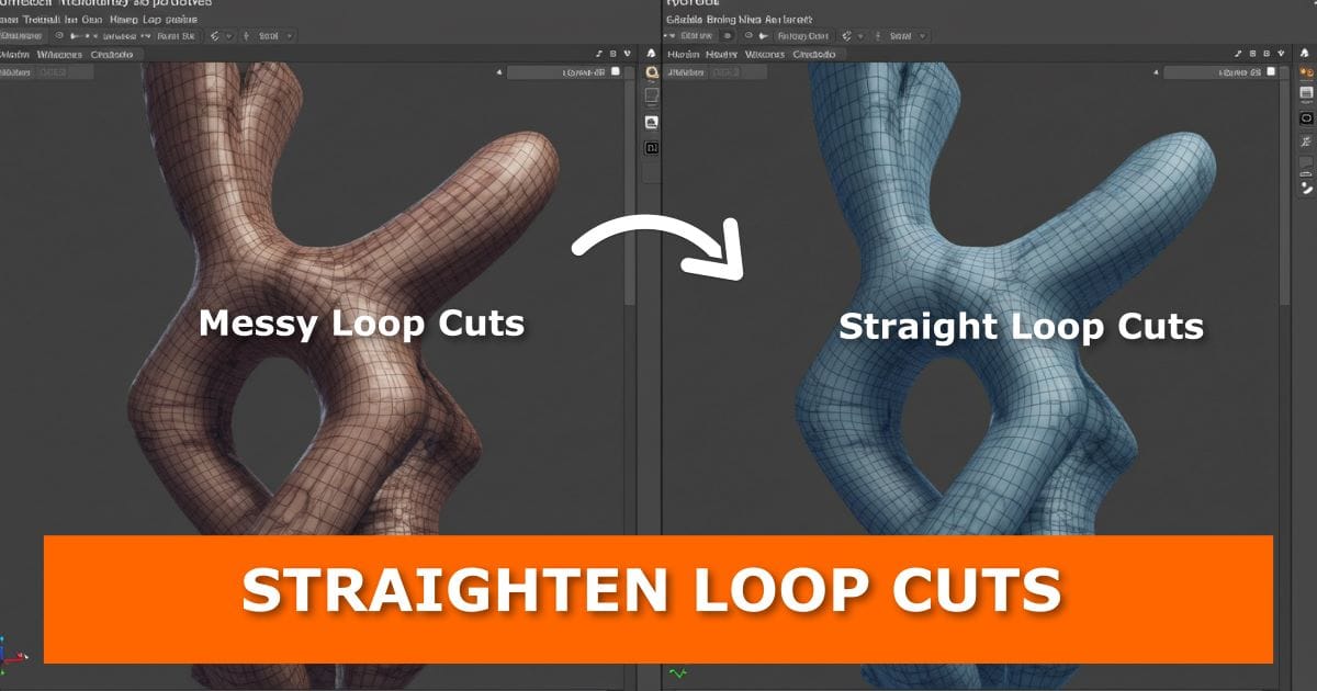 Side-by-side comparison of a 3D mesh in Blender showing the difference between “Messy Loop Cuts” on the left and “Straight Loop Cuts” on the right, with a white arrow pointing from left to right. An orange banner at the bottom contains bold white text that reads: “STRAIGHTEN LOOP CUTS.”