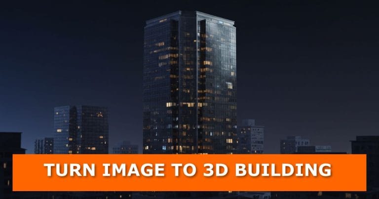 3D render of a tall glass skyscraper at night, surrounded by smaller buildings with illuminated windows. An orange banner at the bottom displays bold white text: “TURN IMAGE TO 3D BUILDING.”