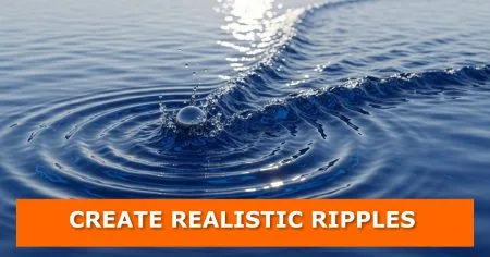 Your Story In Each Pixel | Gachoki Studios A realistic 3d render of water showing a droplet splash and concentric ripples spreading across the surface under sunlight reflection. The text “create realistic ripples” is displayed in bold white letters on an orange banner, representing a blender tutorial on creating realistic water ripples using dynamic paint.