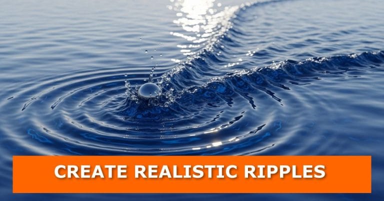 A realistic 3D render of water showing a droplet splash and concentric ripples spreading across the surface under sunlight reflection. The text “CREATE REALISTIC RIPPLES” is displayed in bold white letters on an orange banner, representing a Blender tutorial on creating realistic water ripples using dynamic paint.