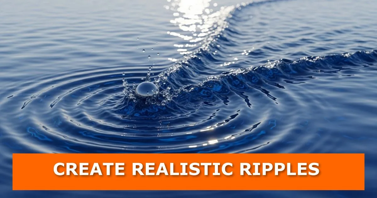 A realistic 3D render of water showing a droplet splash and concentric ripples spreading across the surface under sunlight reflection. The text “CREATE REALISTIC RIPPLES” is displayed in bold white letters on an orange banner, representing a Blender tutorial on creating realistic water ripples using dynamic paint.