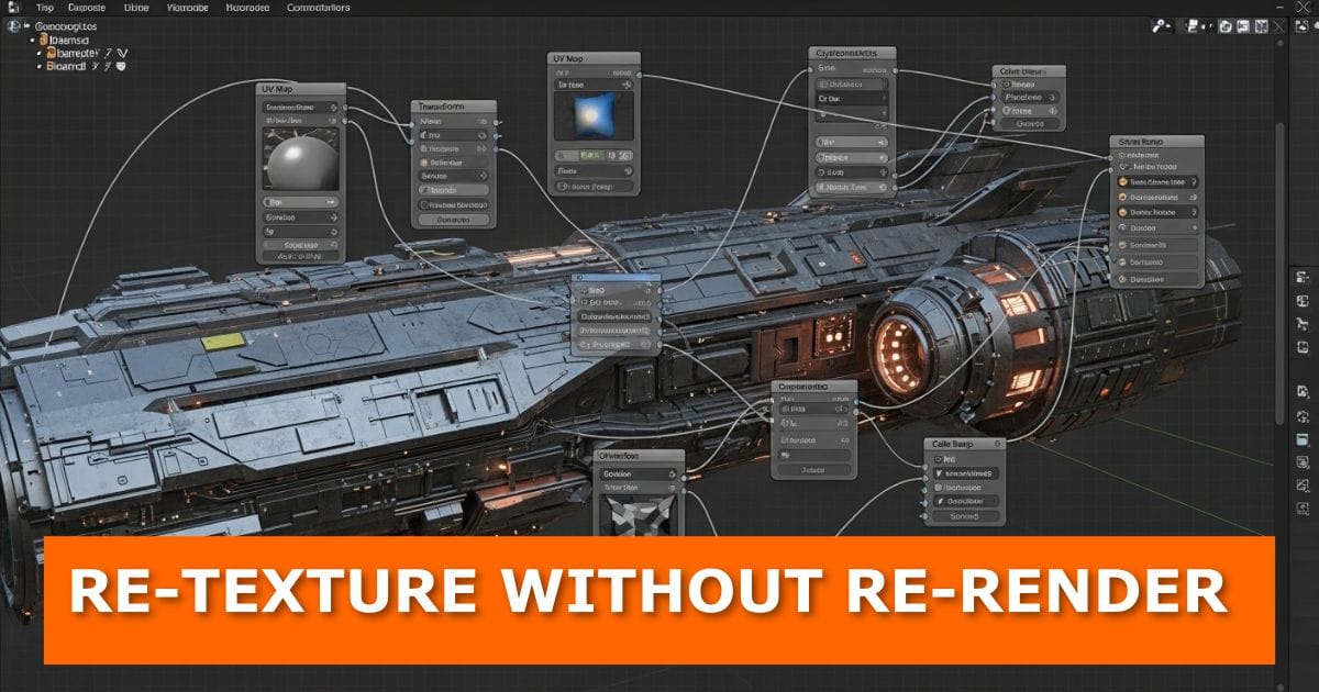 A detailed 3D render of a sci-fi spaceship in Blender’s shader editor, showing a complex node setup used for texturing. The text “RE-TEXTURE WITHOUT RE-RENDER” is displayed in bold white letters on an orange banner, illustrating a tutorial about re-texturing Blender scenes efficiently without re-rendering.