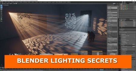 A Blender viewport showing a room lit by patterned lights that cast detailed shadows through decorative cutout panels and blinds. Volumetric light beams fill the space, and shader nodes appear along the bottom. An orange banner across the lower section displays the text “BLENDER LIGHTING SECRETS.”